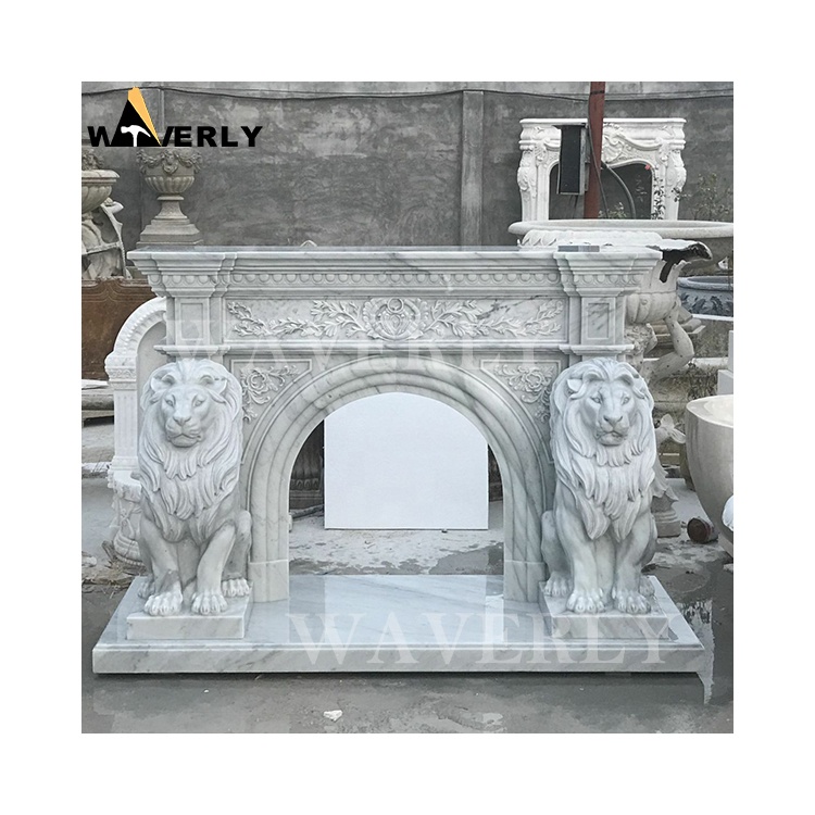Hand Carved Outdoor Natural Stone Lion Statue Mantel Custom Indoor Luxury Decorative Marble Lion Sculpture Fireplace Surround