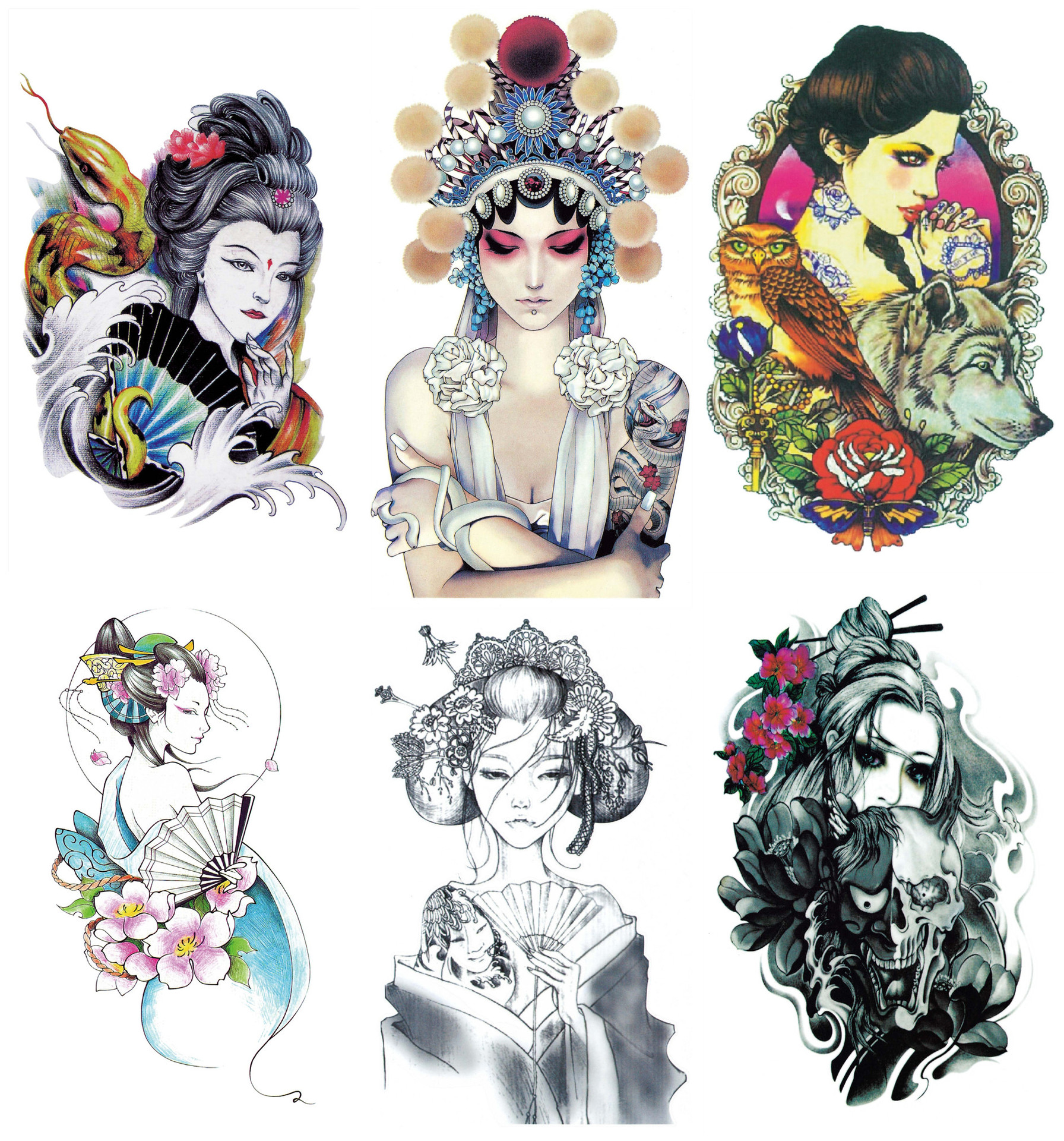 Тату-наклейки Geisha, античная Татуировка Geisha на половину руки, для мужчин и женщин, наклейка на бедра, спину, руки, наклейки с цветами