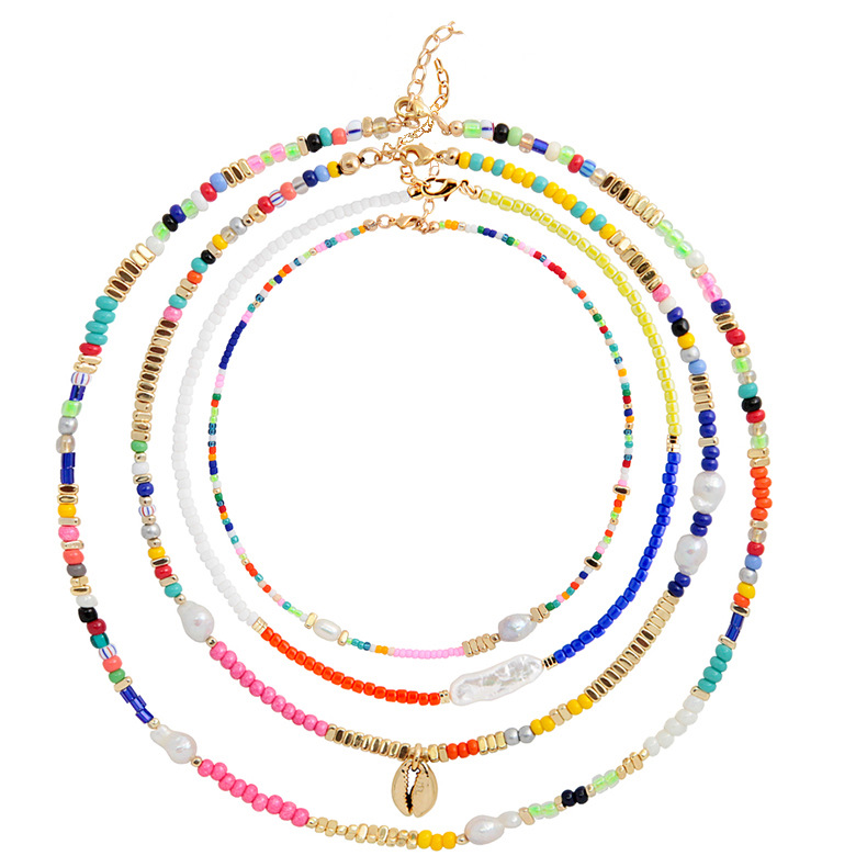 Boho Colorful Rice Glass Beads Necklace Bohemian Stianless Steel 18K Gold Plated Shell Baroque Real Freshwater Pearl Necklace