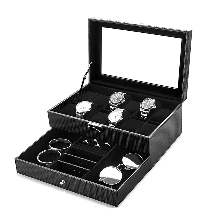 New Design Carbon Fiber Double Layer Jewelry Watch Box In Black For 12 Slots Watch Storage