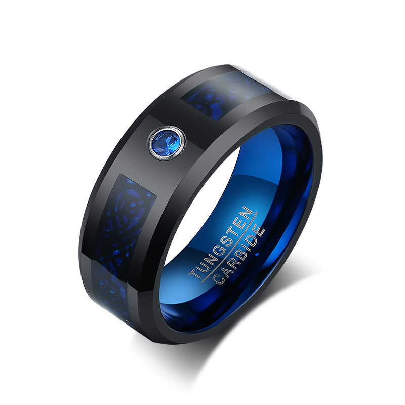 MECYLIFE 8MM Blue Color Plated Big CZ Stone Brushed Inlay Pattern Wedding Band Tungsten Carbide Men Rings For Black Carbon Fiber