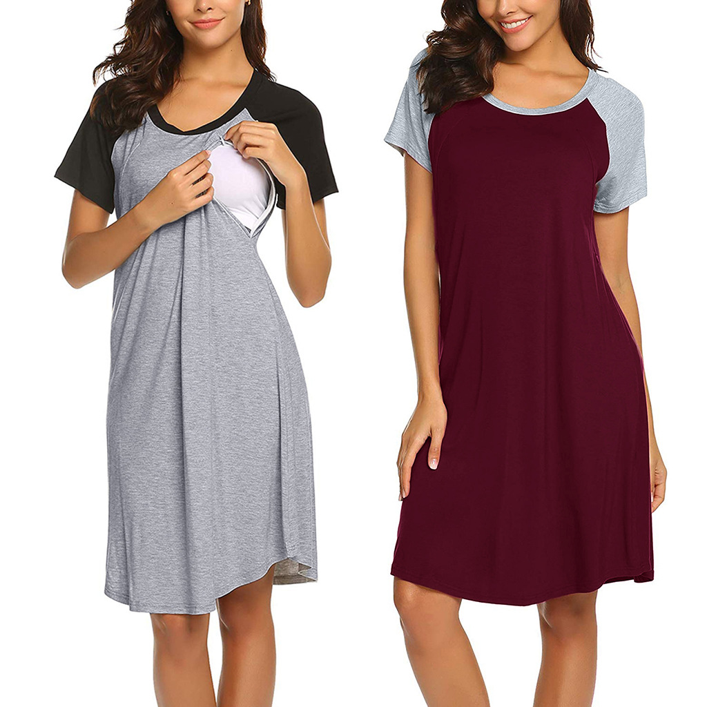 Women Nursing Delivery Hospital Nightdress Breastfeeding Short Sleeve Maternity Nightgown Pregnant Pajamas Nursing Nightgown
