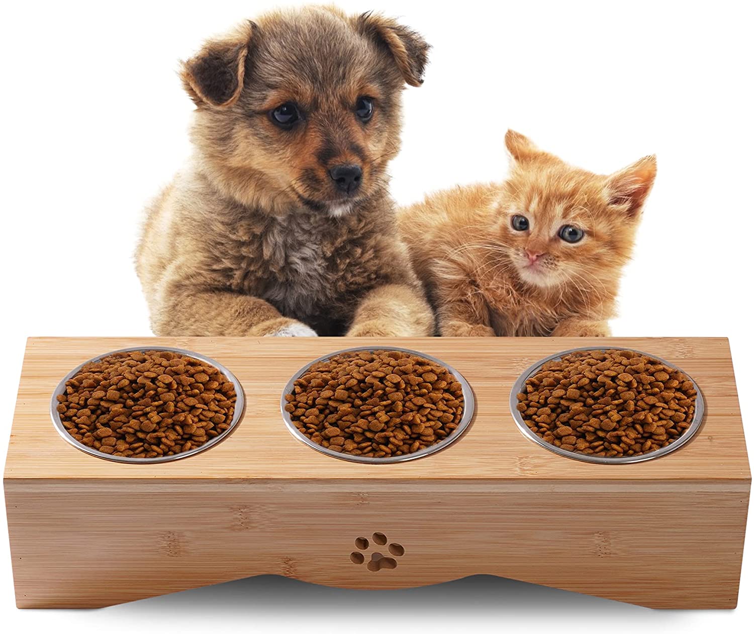 Bamboo Wood Stand 3 Bowl Dog Feeder Pet Dog Products Drinking Bowl Best Stainless Steel Water Fountain
