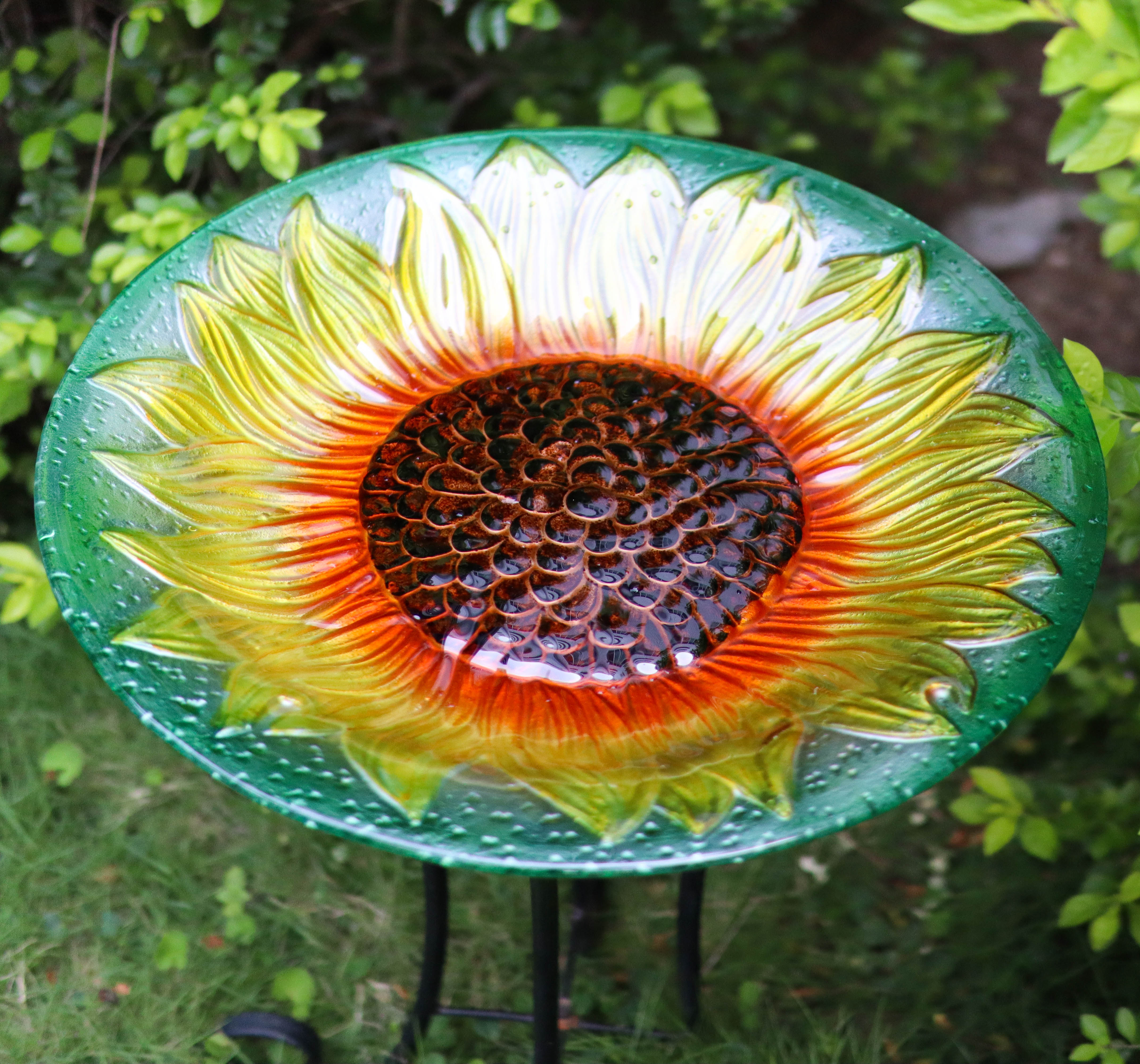 18 Inches Round Shape Garden Outdoor Hand-painting Sunflower Glass Bird Bath