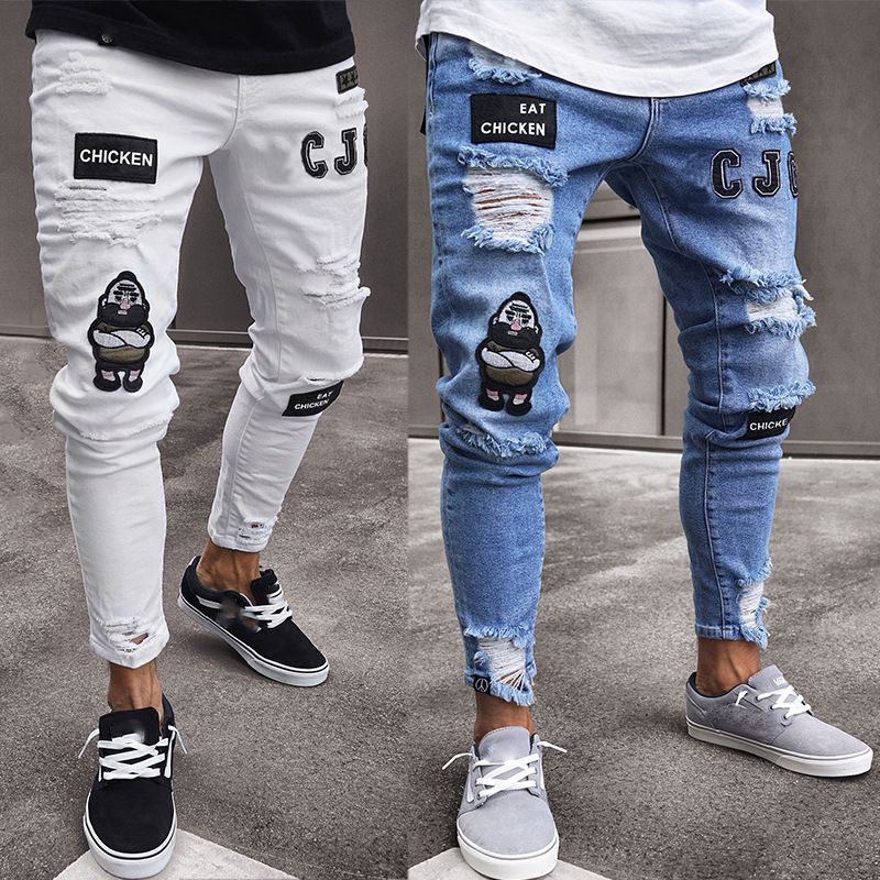 Italy Style Men's Distressed Destroyed Badge Pants Art Patches Skinny Jeans Slim Trousers men denim jeans