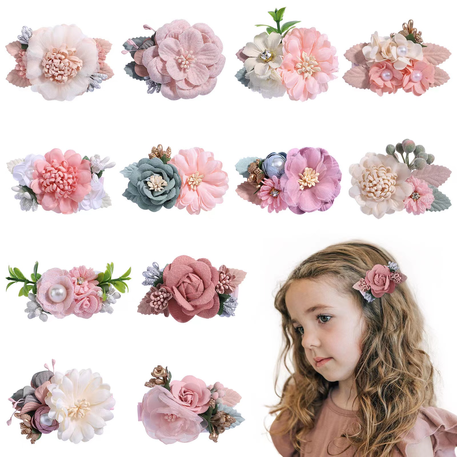 Cute Artificial Flower Hair Clips для Girls, Ins Hair Accessories, Kids Hairpin, Hot Selling