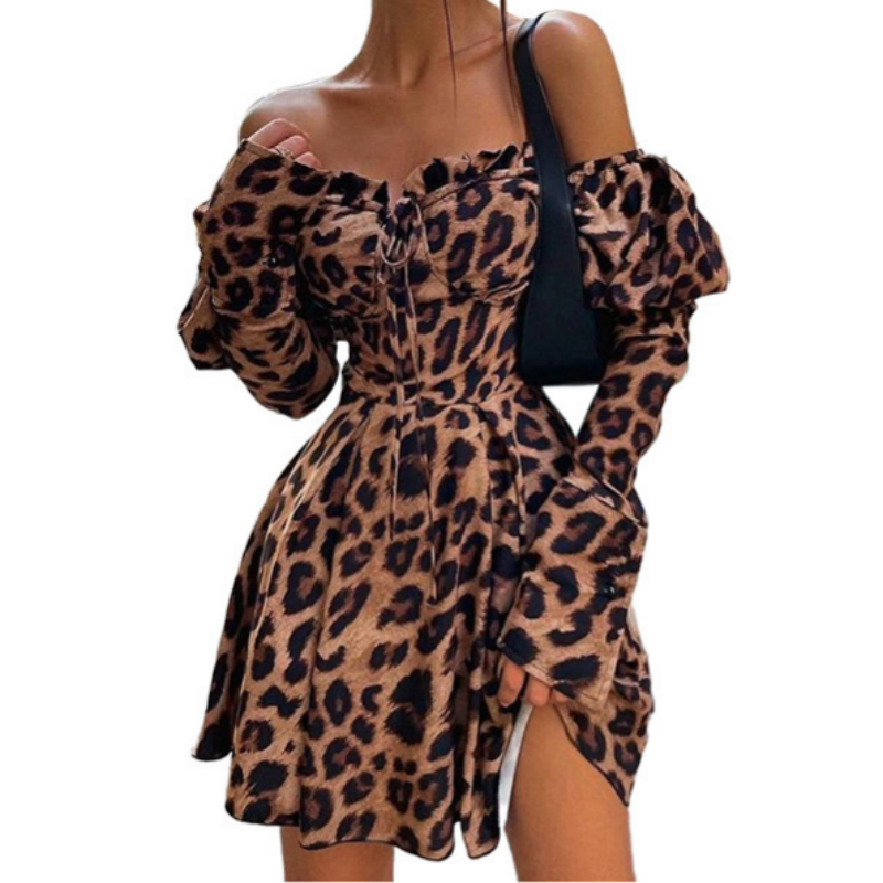 Hot Sale Sexy Dress Long Sleeve Leopard Wrap Woman Dress Full Sleeve Lantern Long Sleeve Dress