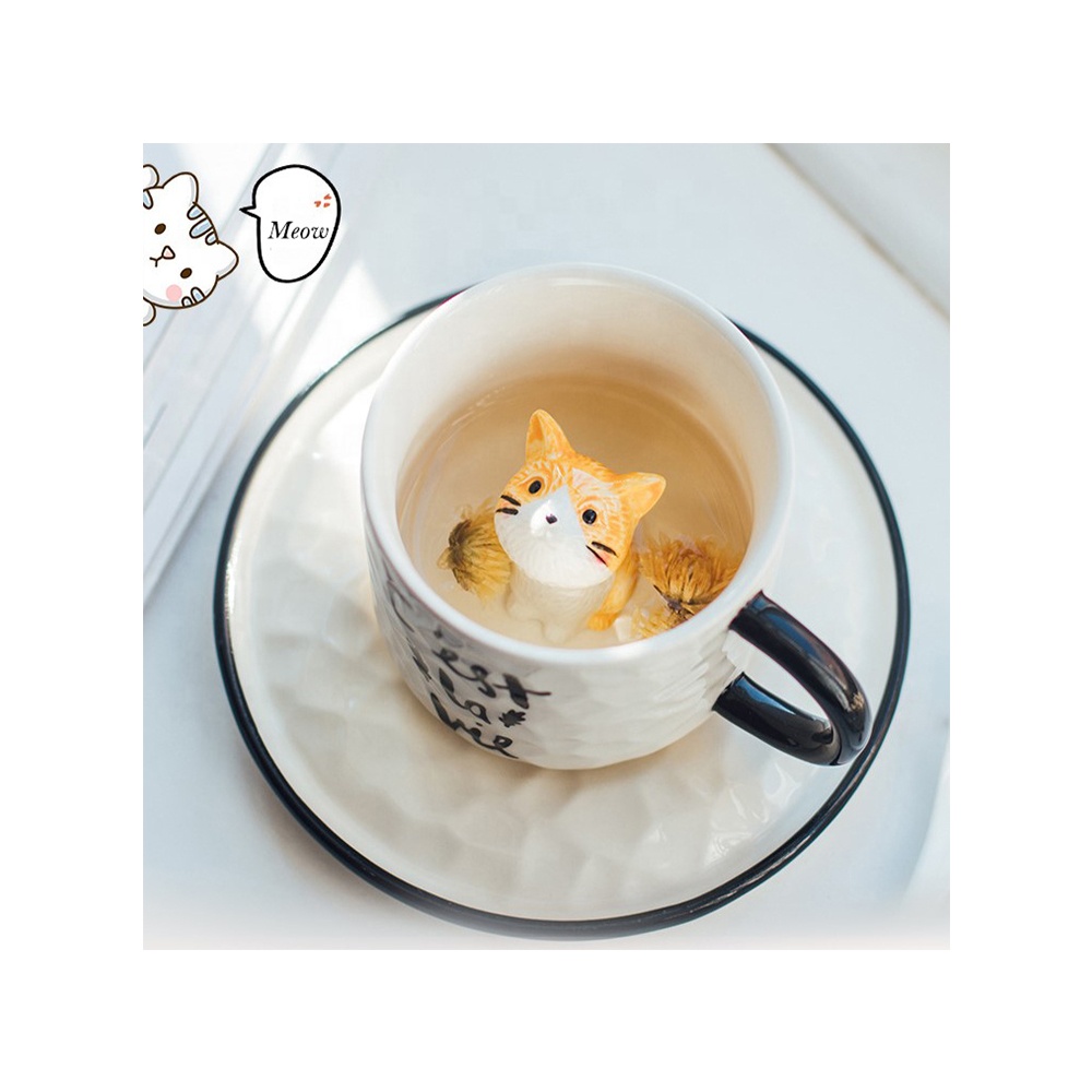 Three-dimensional 3D cute cartoon cat ceramic cup and saucer afternoon tea mug exquisite high-quality porcelain business gifts