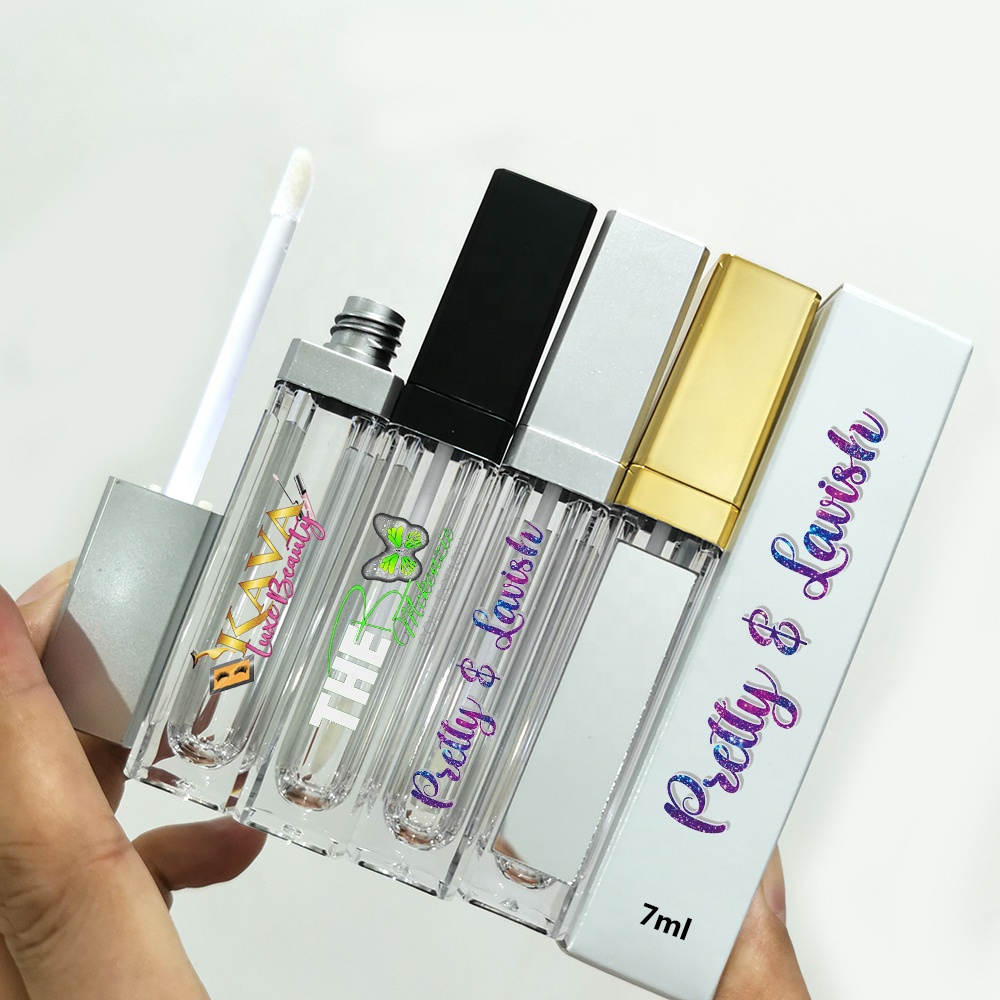 CBEAUTY 7ml matte black silver gold square LED lipgloss lip gloss tubes container with led light and mirror