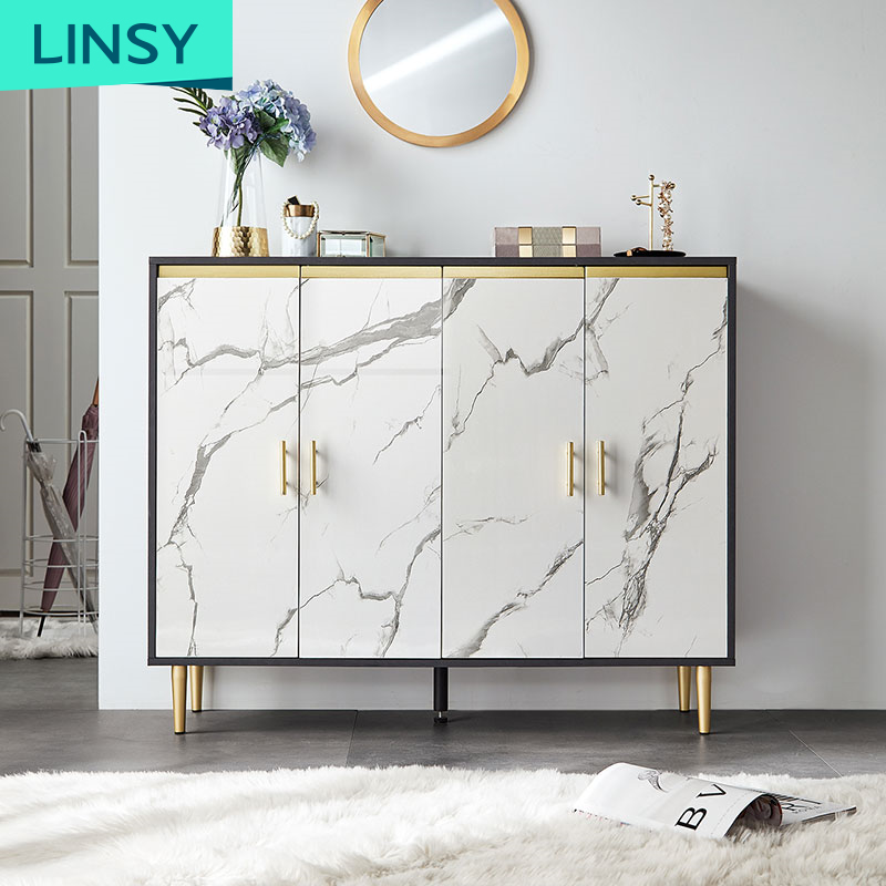 Linsy Luxury Modern European White And Gold Solid Wood Shoe Storage Organizer Racks Marble Shoe Cabinet JH4N