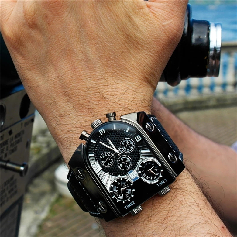 Часы reloj Oulm с тремя часовыми поясами для путешествий за рубежом 9315, Классические черные мужские кварцевые часы, уникальный дизайн, мужские спортивные наручные часы