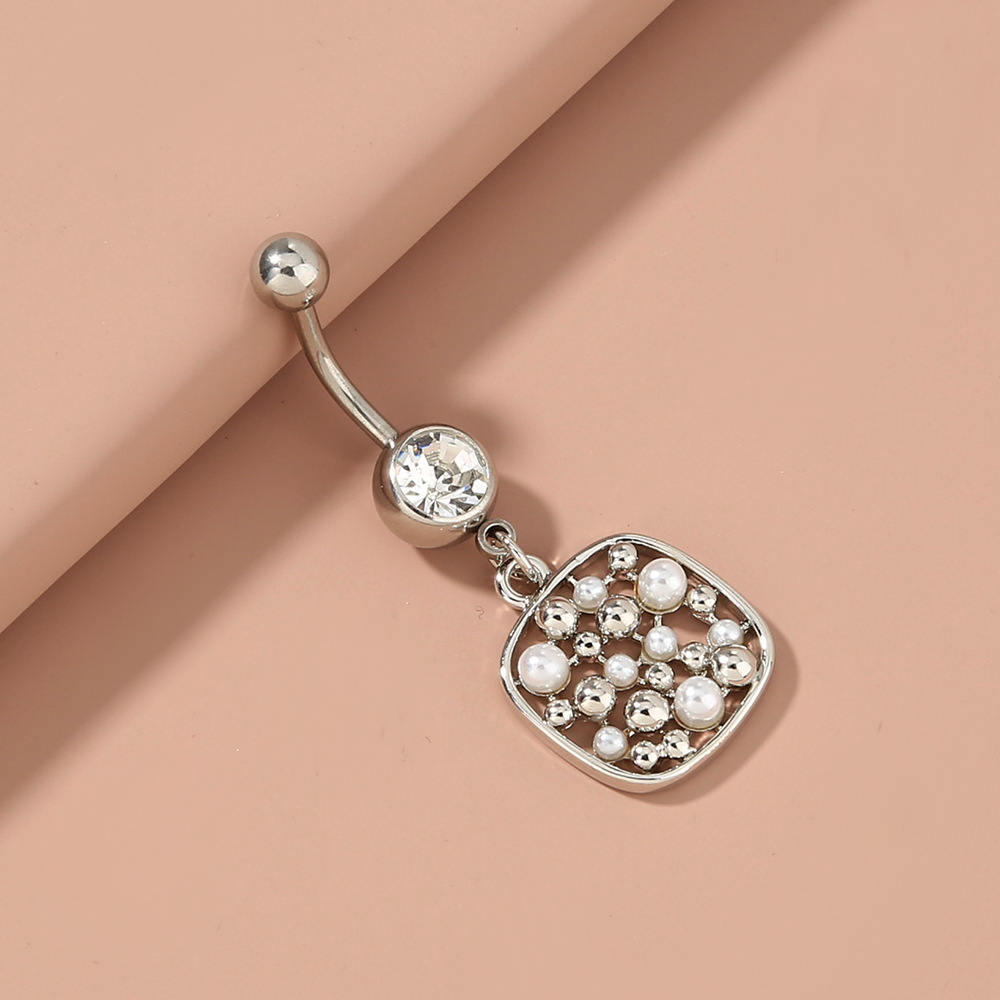 European Style Geometric Body Piercing Jewelry Pearl Belly Ring Stainless Steel Zircon Pearl Navel Button Ring