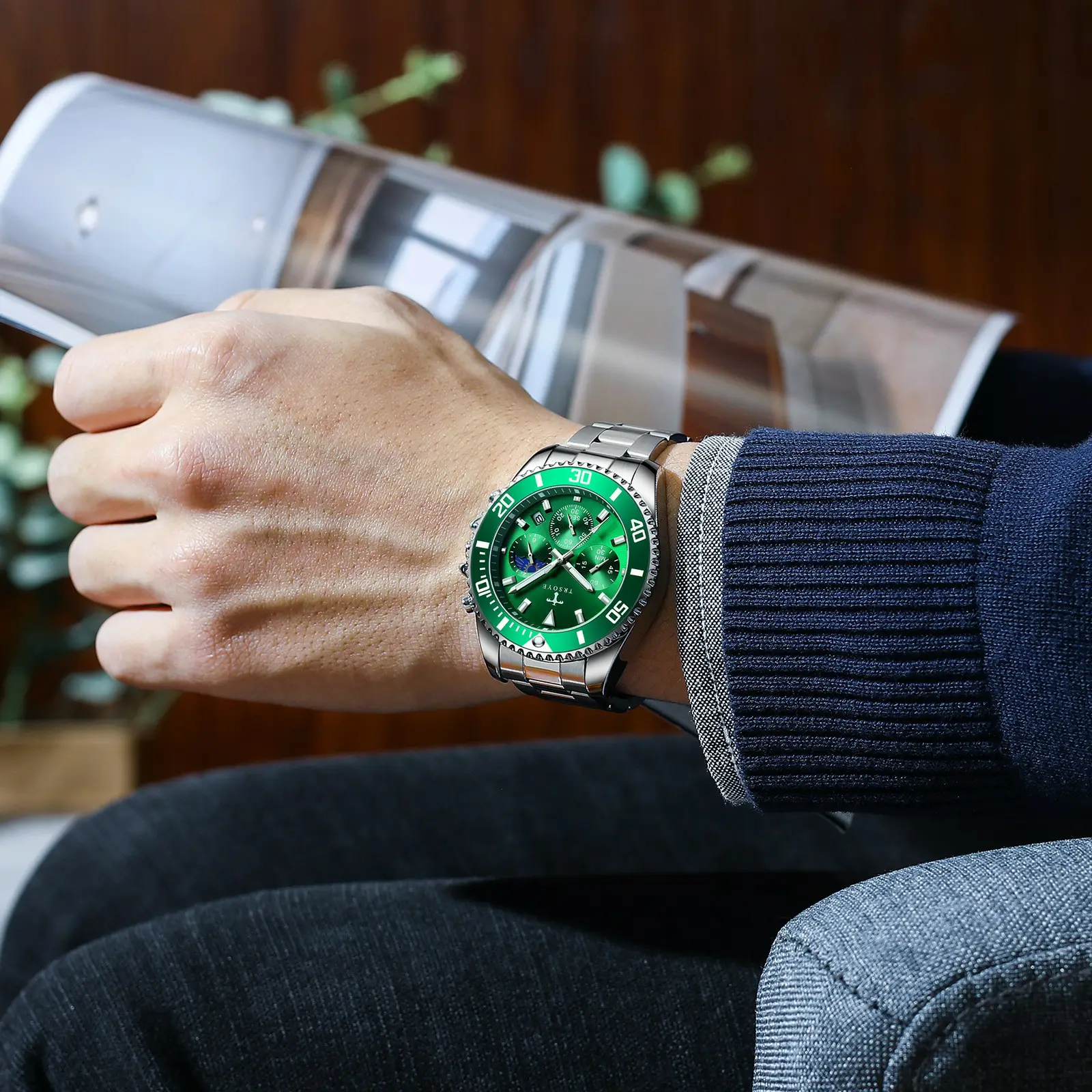 Hot Custom OEM Classic Green Water Ghost Steel Band Reloj Para Hombre Luminous 30M Waterproof Calendar Quartz Mens Watches