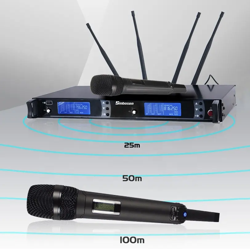 Профессиональный беспроводной вокальный микрофон Guangzhou 2 UHF Динамический Ручной беспроводной микрофон