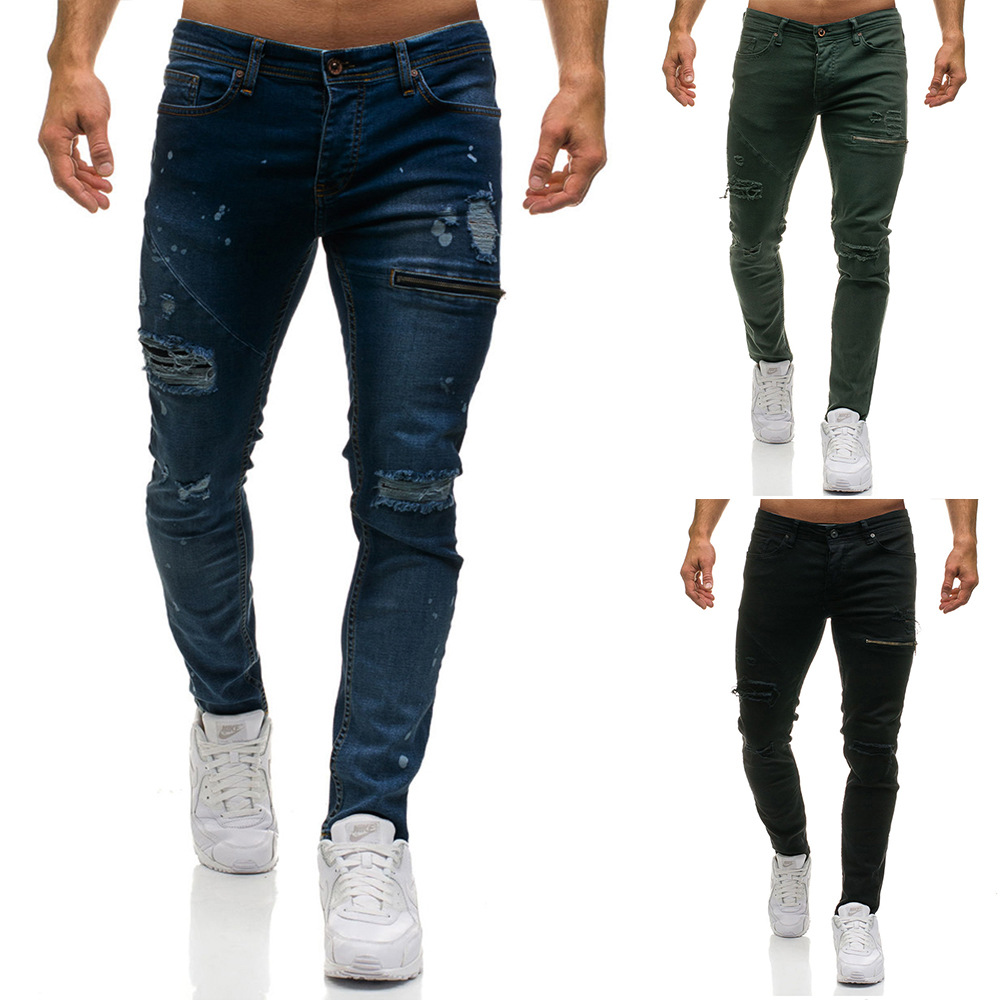 European Size Men's New Ripped Zipper Decorations Jeans Men's Slim Fit Straight plus Size Trousers