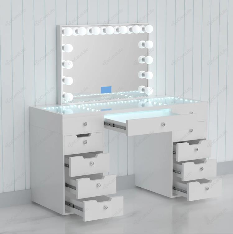 Dressing Table Phoenix Home White Wood Dressing Table with Led Lights and Many Drawers For Bedroom