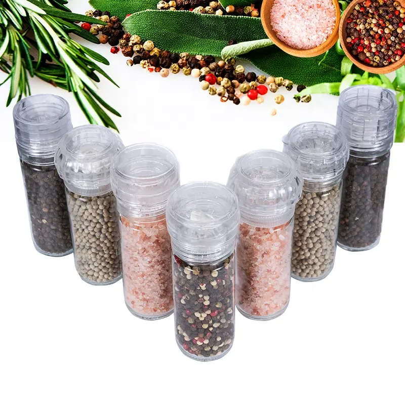 Value plastic grinder lid glass spice seasoning jar salt pepper mills glass pepper grinder set for kitchen molino de pimienta