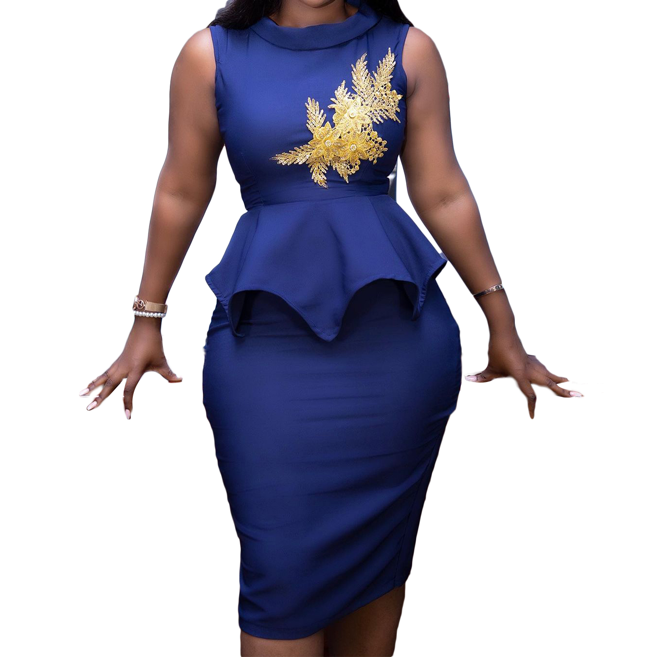 D149T African Summer Slim OL Temperament Decal Sleeveless Plus Size Women Office Dress Career Dresses