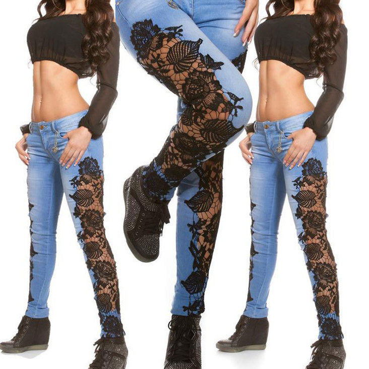 Free Shipping Amazon Hot Selling New fashion Sexy Lace Hollow Lace Jeans Women's Stretch denim jean Pants