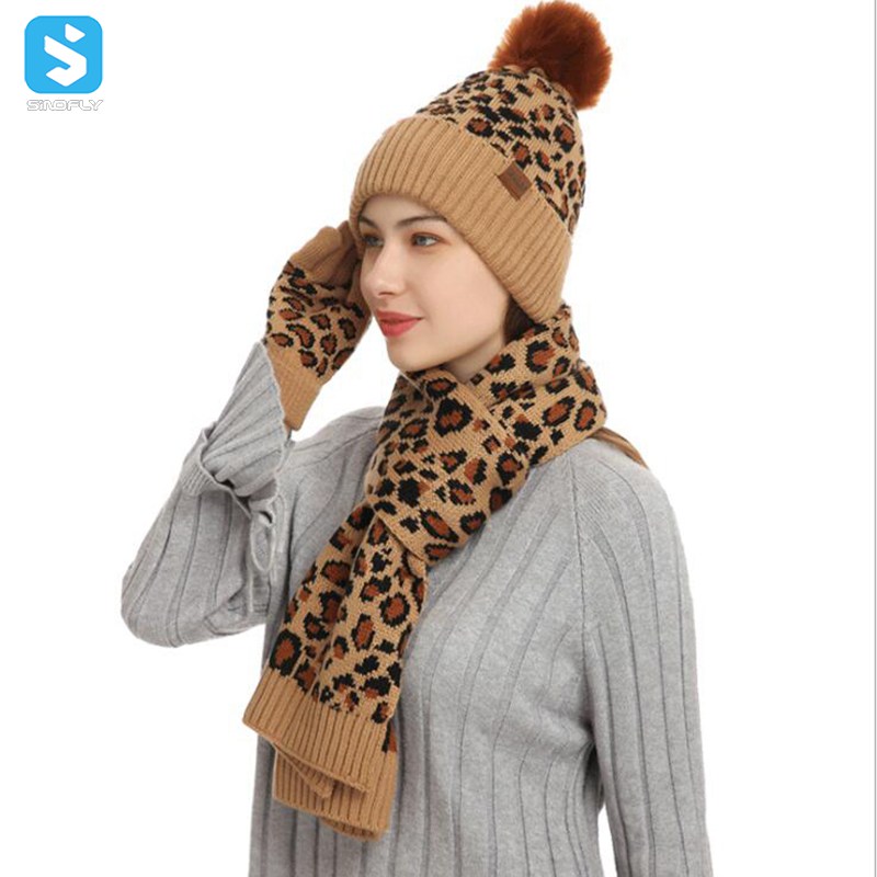High quality Warm Soft Winter knit hats beanie Hats Three-piece female leopard Scarf hat gloves set for women