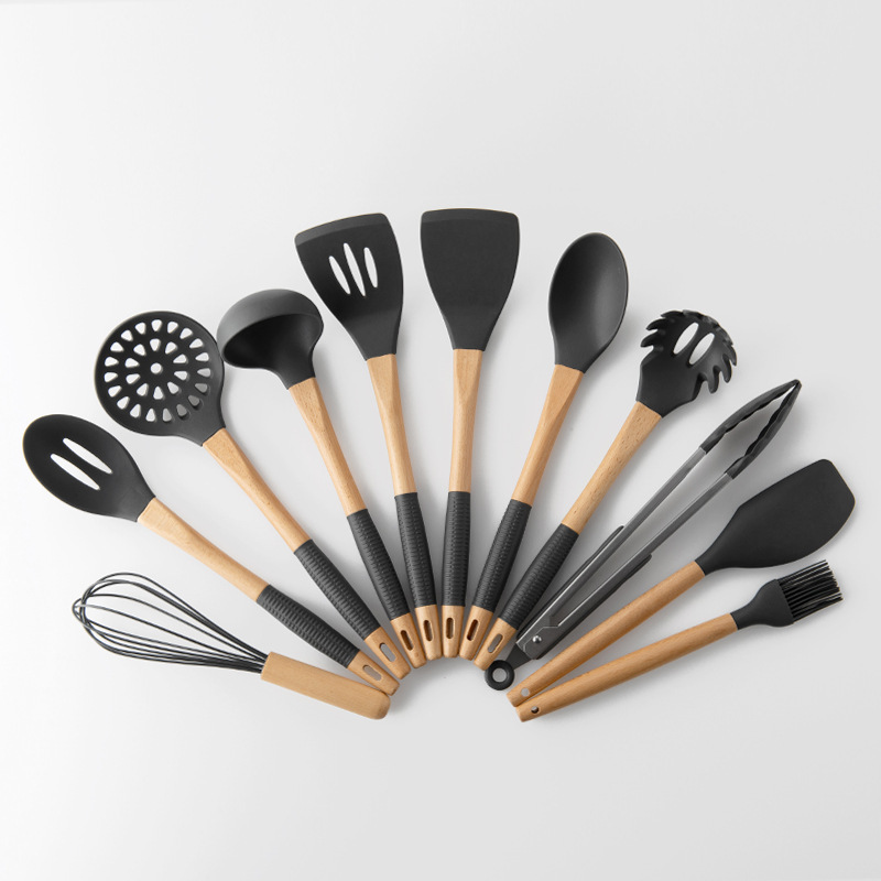 Amazon, Лидер продаж, силиконовая кухонная утварь, 11 шт., набор кухонной утвари из силикона с деревянной ручкой