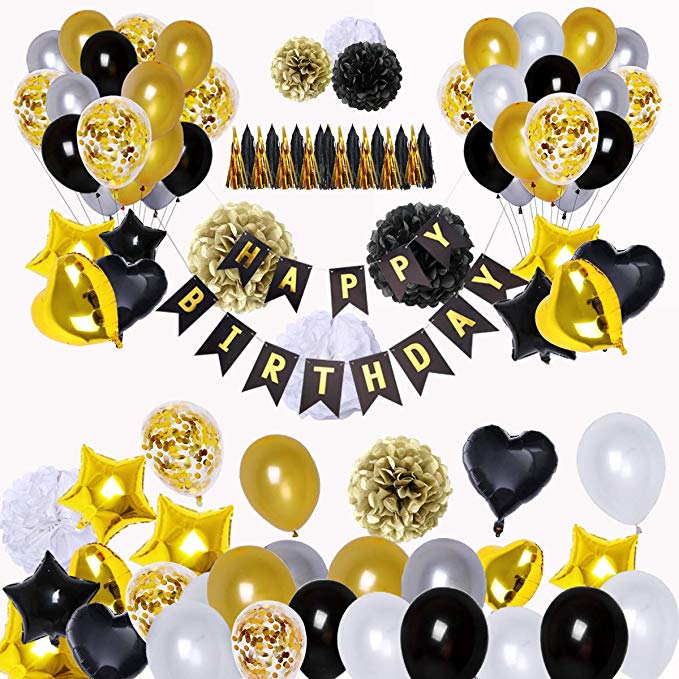 Black and Gold Birthday Party Decorations Set with Happy Birthday Balloons Banner Confetti Balloons Birthday party decoration