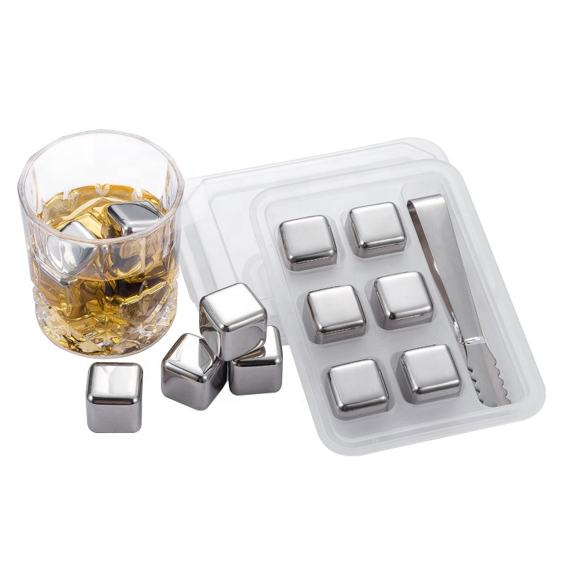 Free box! Metal chilling reusable whiskey stones stainless steel 304 ice cube rocks with tongs for bar wine