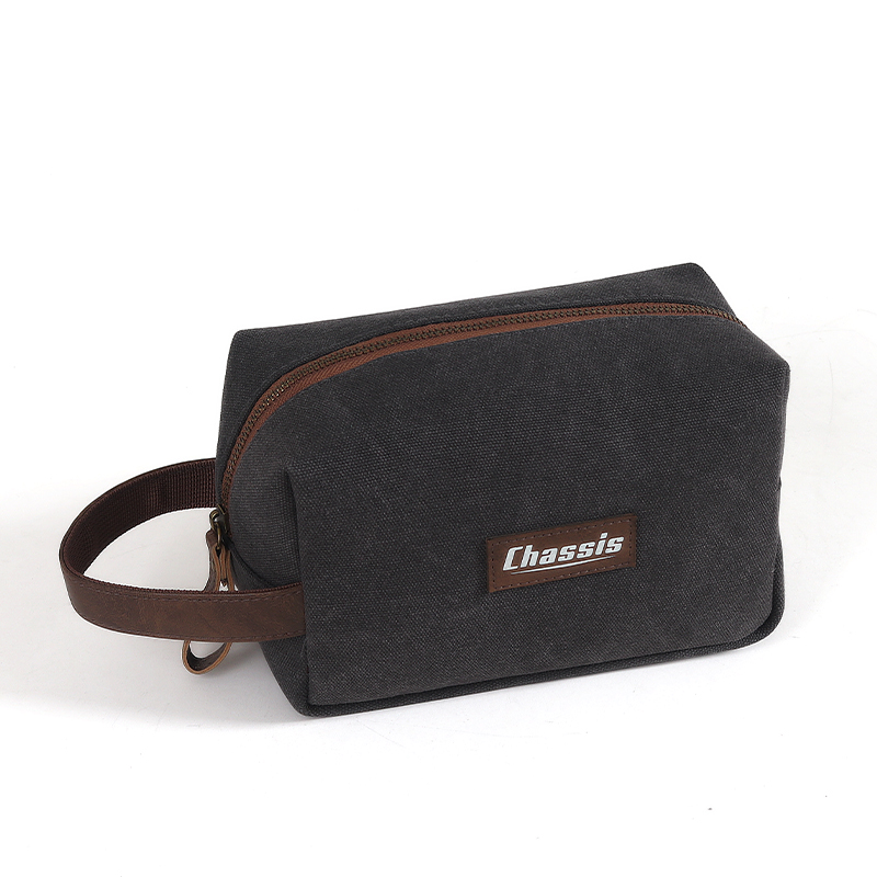 Custom Logo sport style grey canvas classic men 's cosmetic bag zipper skincare pouch package makeup stuff storage gift bag