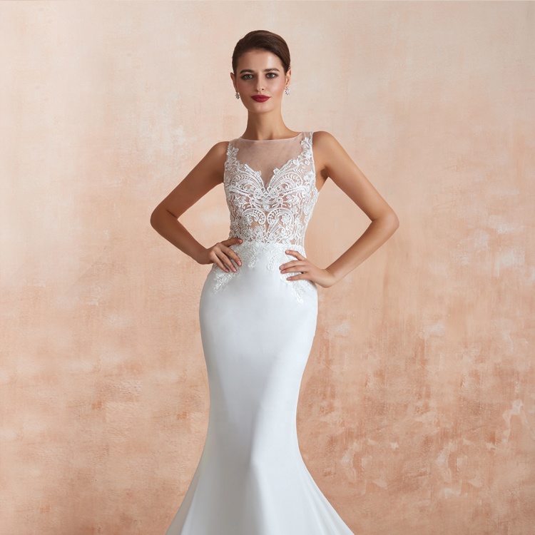 Elegant See-through Neckline Chiffon Corset Sleeveless Wedding Dress Bridal Gown Mermaid