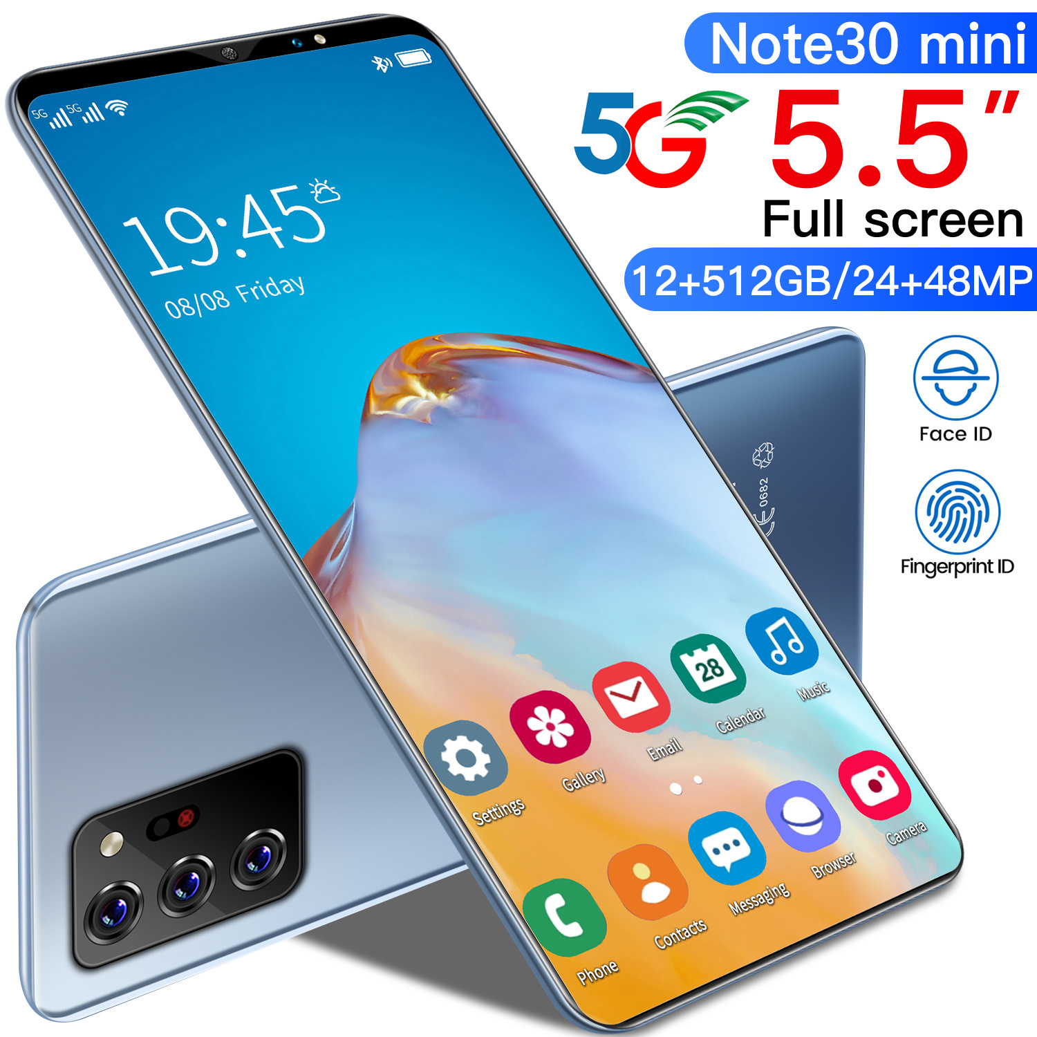 Новая модель мобильного телефона Note30 мини 5,5 ''Full HD экран 10core Смартфон 6 ГБ + 128 ГБ Android Мобильный 24MP + 48MP уход за кожей лица Unlock4800mAh