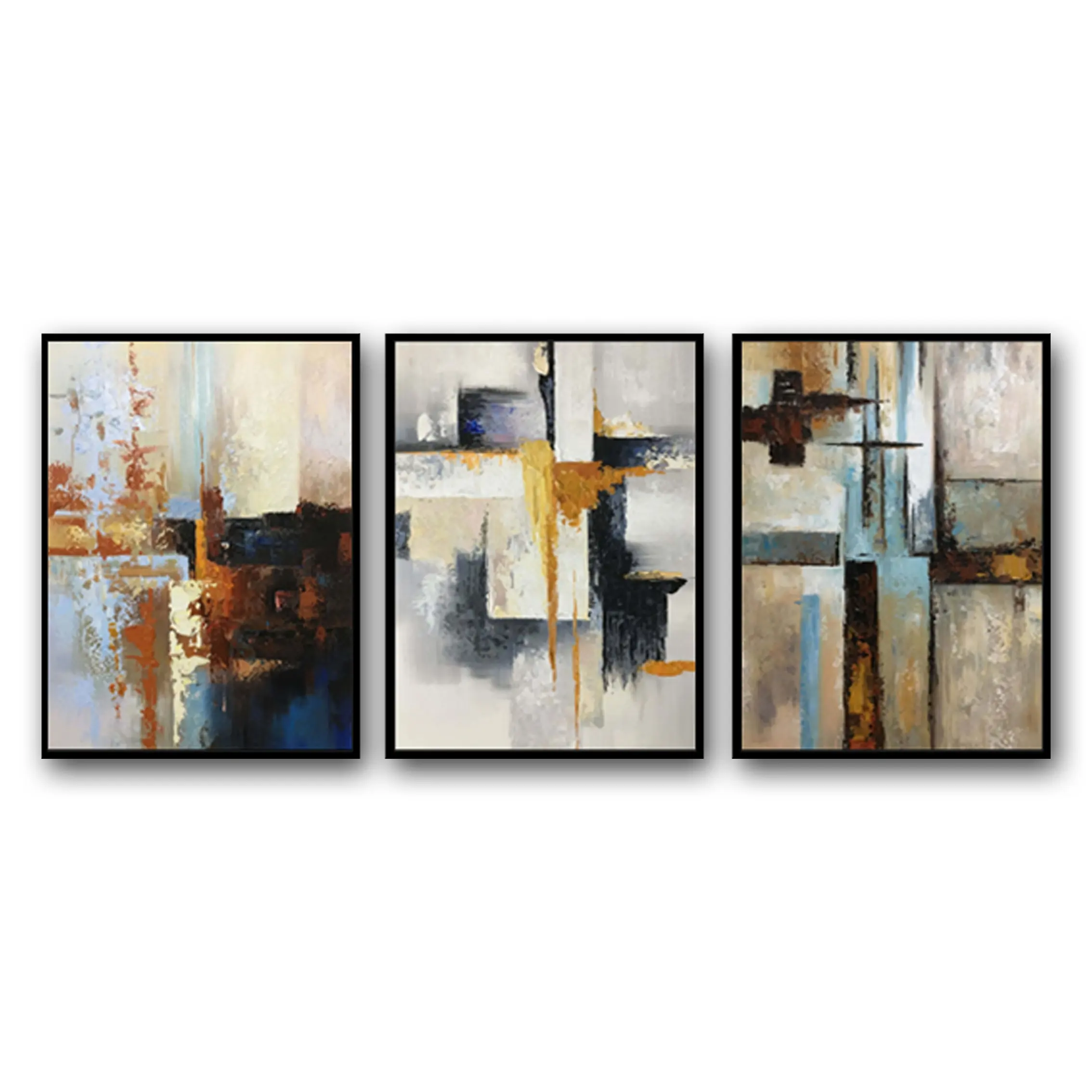 Framed 3 Pieces Abstract Oil Painting Morden Black and White Painting for Home Decoration