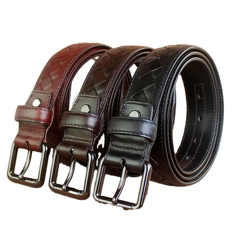 Wholesale 3.4cm 1.3" Width Zinc Alloy Classic Pin Buckle First Layer Italian Strong Genuine Cow Skin Braided Leather Belts