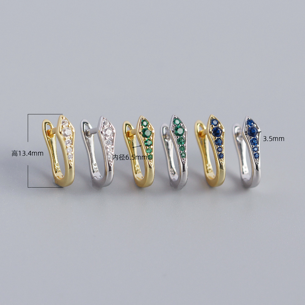 New Fashion High Quality S925 Sterling Silver Insert Colored U-type Zircon Metal Wind Versatile Hoop Earring For Women