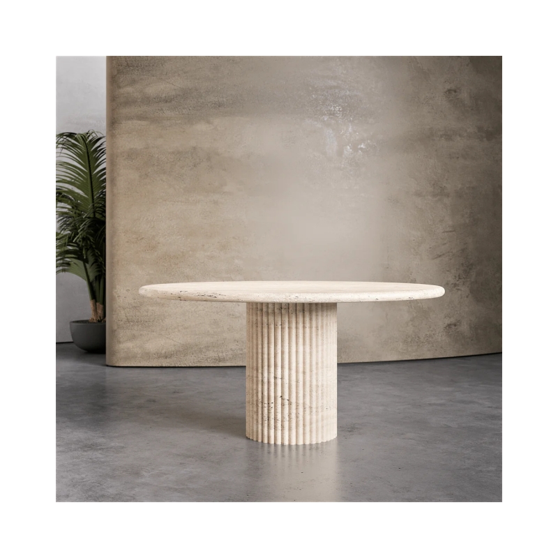 SHIHUI Natural Stone Furniture Round Shape Marble Beige Matte Table Fluted Base Travertine Stone Dining Table