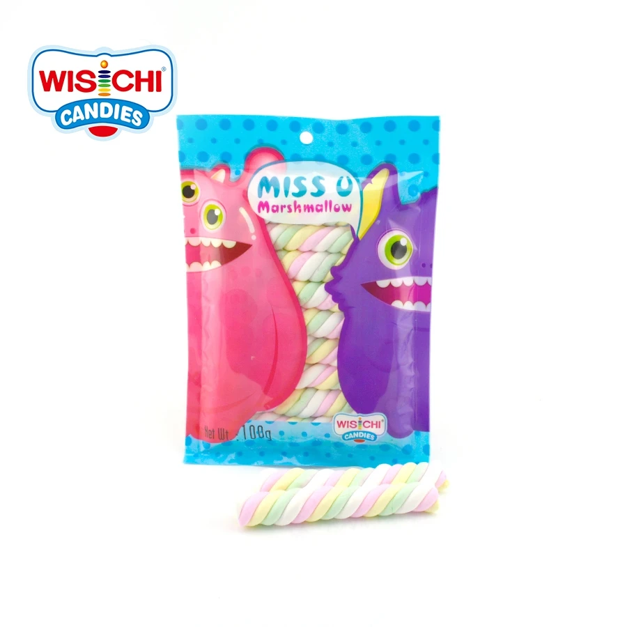 Free sample 100g hot selling twisted shape marshmallow colour bag packed halal high quality marshmallow twist