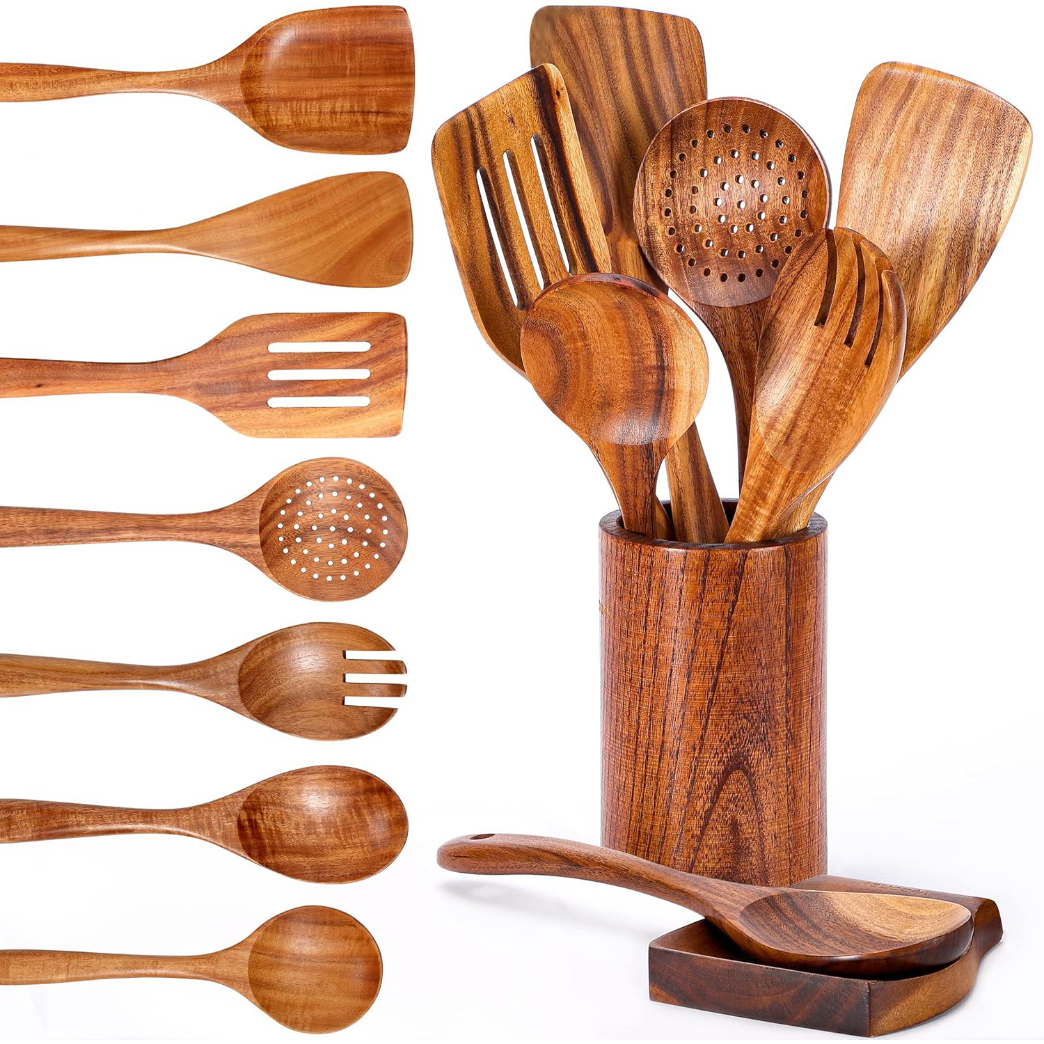 Cooking Spoons with Nonstick Spatula Set Wooden Spoons for Cooking Utensils Wooden Tableware Sustainable 10 Utensil Wood