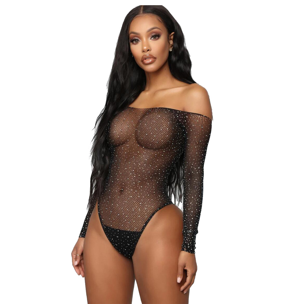 2021 See Through Temptation Bodysuit Sheer Mesh Transparent Shiny Fishnet Women Rhinestone Sexy Lingerie
