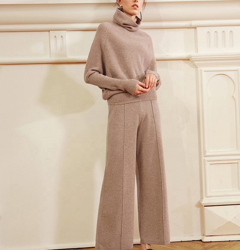 Women's Cashmere Suit Plain Knitted Turtleneck Female Wool Cashmere Sweater Pant 2 Piece Set Women Sweater Knit Two Piece Set