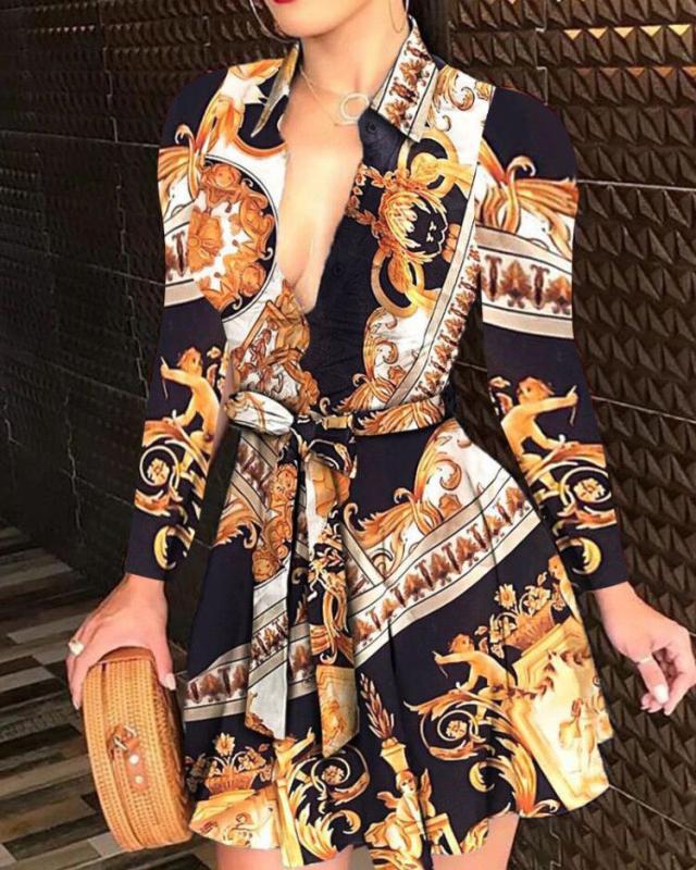 2021 spring summer Casual african chain print designer shirt dress Womens belted Long Sleeve Button Down designers dresses women
