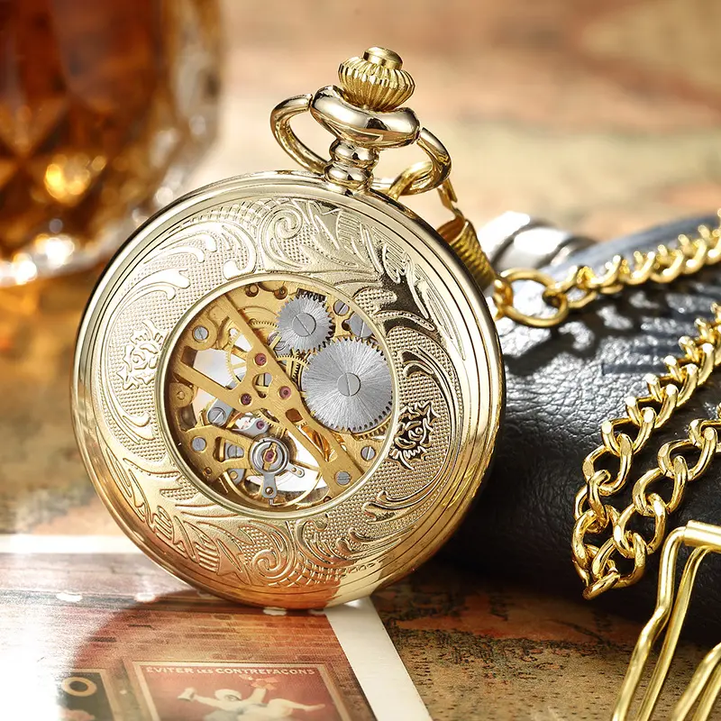 Механические карманные часы-скелетоны в стиле стимпанк с цепочкой