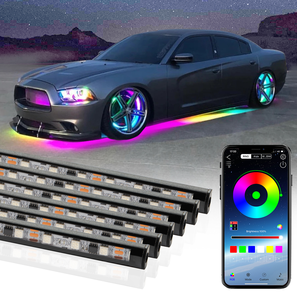 Большой светодиодный автомобиль Underglow свет Bluetooth RGB сон Цвет погоне светодиодные полосы света комплект 6 шт. водонепроницаемая внешняя поверхность автомобиля Свет приложение управления