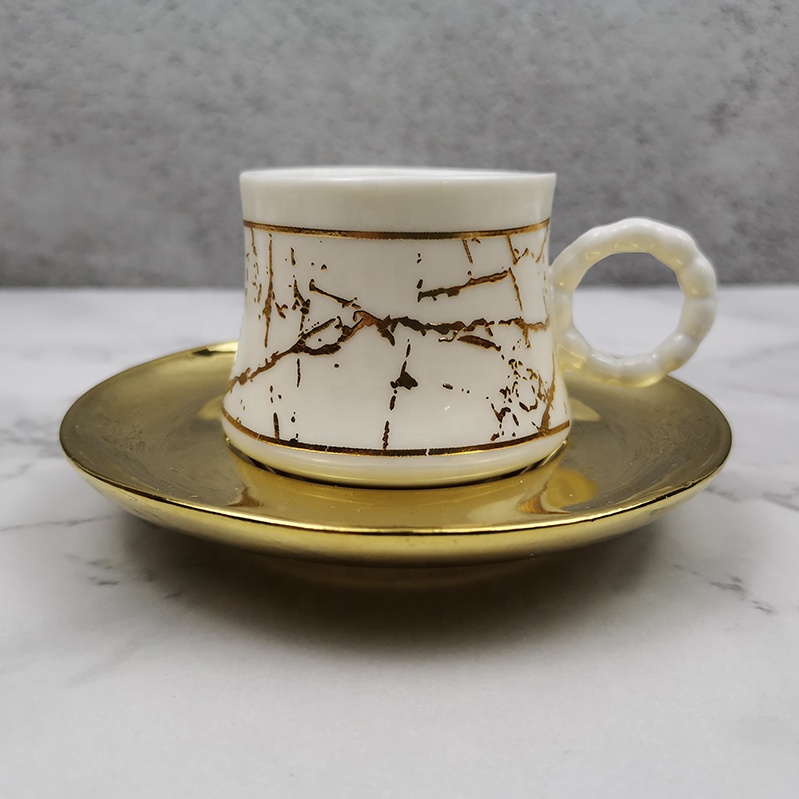 Customized Gift Box Turkish Style Gold Stripe Ceramic Tea Coffee Cup with Bamboo Plate Set