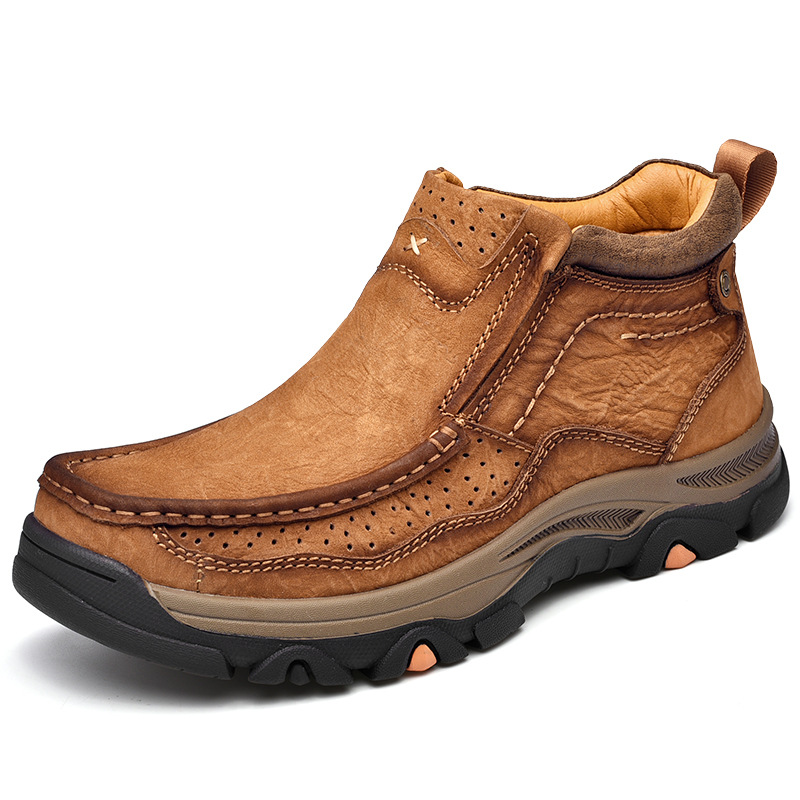 Winter 2021 thick-soled men's outdoor hiking shoes leather rubber sole round toe solid color khaki warm men's boots