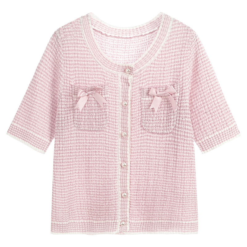 Plus size women's cardigan Korean round neck bow knit sweater 2021 new fat women loose short-sleeved cardigan