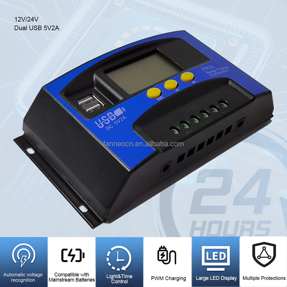 Household 10A 20A 30A Solar Controller 12V 24V Solar Charger Controller Smart Recognition 5V 2A USB PWM Control for Solar System