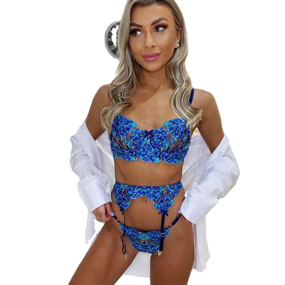 Hot Sale Lingerie Vendor Designer Exquisite Blue Embroidered Bra 3 Piece Lingerie Set Push Up Bra Underwear Sexy Lingerie