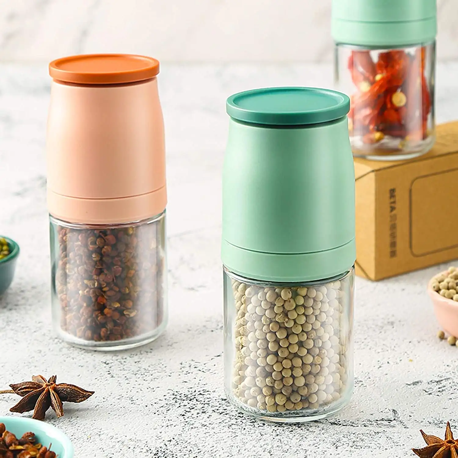 wholesale manual spice grinder pepper mill salt mills dry herb grinder with 100ml transparent glass jar