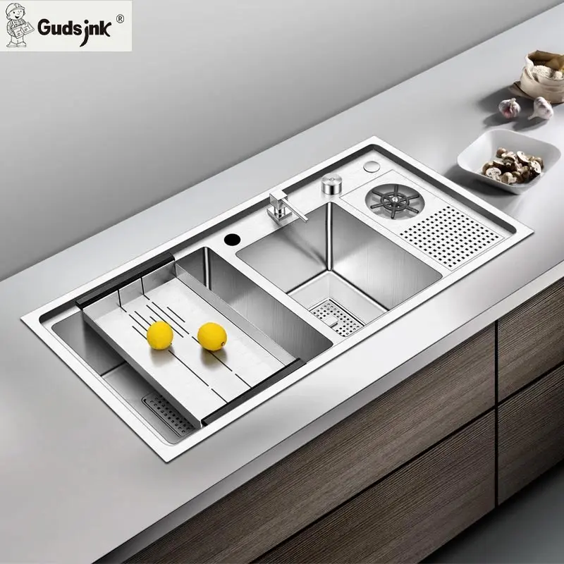 Gudsink Fregadero Above Counter Stainless Steel Kitchen Sink With Cup Rinser Function Double Bowl Handmade Kichen Sink Basin