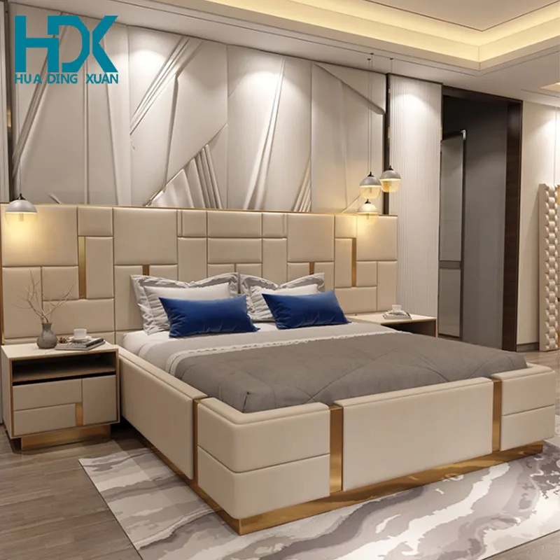 Latest Italian modern King size bed room furniture bedroom sets leather luxury beds set