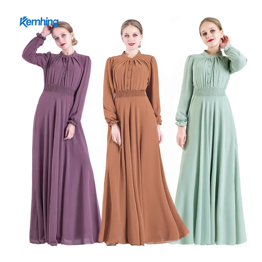 Chiffon multicolor big swing long-sleeved elastic waist Islamic evening dress women's abaya dubai Muslim dresses